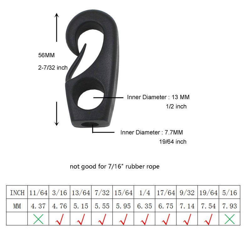 YYST Kayak Cord Hook Nylon Bungee Hook for Shock Cords 3/16, 15/64,1/4, 9/32 (Pack of 10) - Image 3